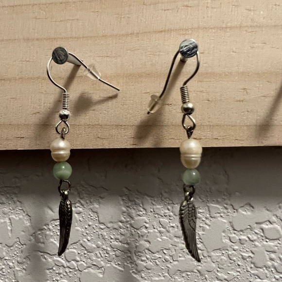 Source Unknown Jewelry - Adventrine, pearl and sterling silver sacred drop leaf earrings